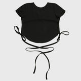 Yoga wear top, short sleeves, open back, belly button exposed, yoga t-shirt, upper arm cover, curved hem, back ribbon, short length, sexy, 4 colors available, sports, fitness, gym, running, pilates, stylish, cute, sweat absorbing, quick drying, S-XL