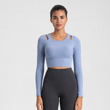 Yoga T-shirt, long sleeves, cupped, finger holes, fuller, open shoulders, no shaking, belly button exposed, cropped length, slimming, round neck, solid color, 4 colors available, sports, fitness, running, pilates, comfortable, yoga top, S-XL 