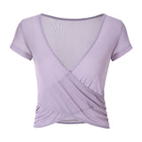 Short sleeve, wrap, tulle, breathable, quick drying, stylish, stretchy, loose, cool, plain, sports, fitness, gym, Pilates, running, hot yoga, S-XL