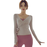 Yoga Tops Long Sleeve Elegant ✿ Fashion Nylon V-neck Long Sleeve Solid Color 3 Colors Available Breathable Quick Drying Belly Cover Lightweight Waist Ribbon Thumb Holes SL