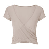 Short sleeve, wrap, tulle, breathable, quick drying, stylish, stretchy, loose, cool, plain, sports, fitness, gym, Pilates, running, hot yoga, S-XL