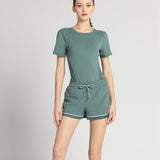 Yoga set, top, shorts, round neck, short sleeves, 3 colors to choose from, high waist, thin, tulle, sports, design, casual, retro, cute, this season's trend, sexy, stylish, S~XXXL 