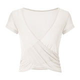 Short sleeve, wrap, tulle, breathable, quick drying, stylish, stretchy, loose, cool, plain, sports, fitness, gym, Pilates, running, hot yoga, S-XL