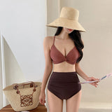 Two-piece swimsuit, sexy, V-neck, plain, large bust, small bust, with cups, 3 colors, high waist, breathable, quick drying, belly cover, padded, open back, non-wired, for pools, resorts, hot springs, M-XL