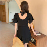 One-piece swimsuit, full of temperament♪ Simple, large size, Korean style♥ Beautiful, slim, V-neck, short sleeves, 3 colors to choose from, high waist, breathable, A-line, belly cover, L~XXL 