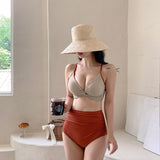 Two-piece swimsuit, sexy, V-neck, plain, large bust, small bust, with cups, 3 colors, high waist, breathable, quick drying, belly cover, padded, open back, non-wired, for pools, resorts, hot springs, M-XL